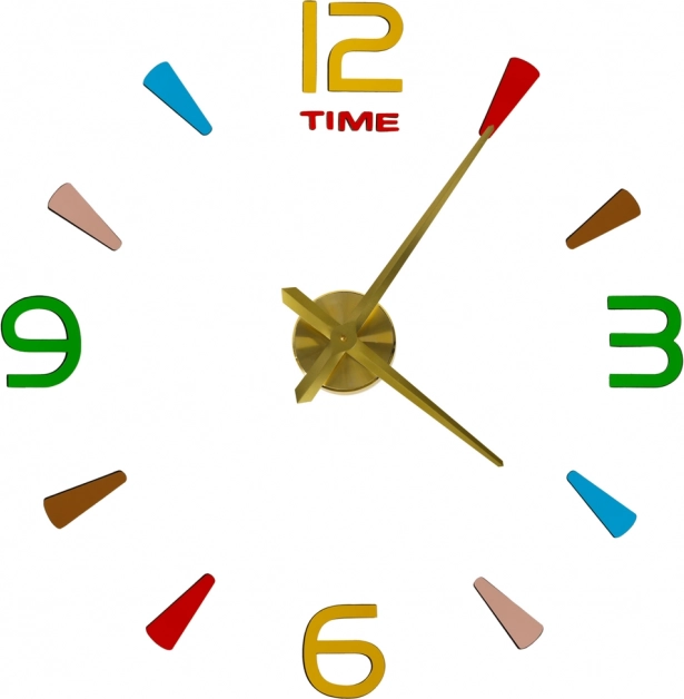 Ceas de perete autocolant DIY, 80–90 cm, limbi aurii, marcaje colorate, 4 cifre