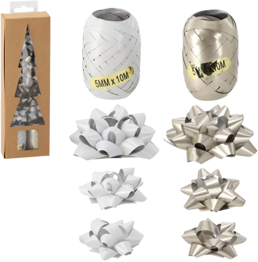 Set de Crăciun pentru ambalarea cadourilor – argintiu/alb (2 panglici + 7 fundițe)