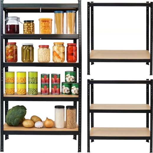 Raft metalic de depozitare 2în1 negru cu 5 polițe din MDF 150 × 75 × 30 cm