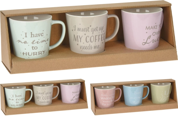 Cană ceramică COFFEE 330 ml – mix de culori pastel, set 3 buc.