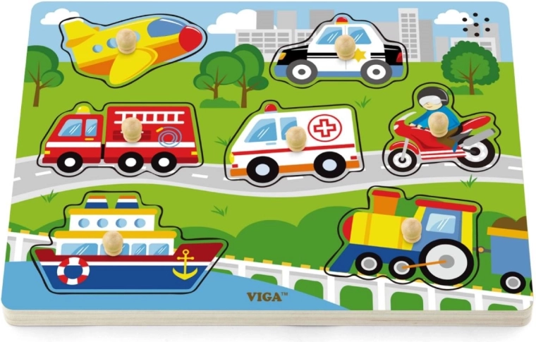 Puzzle din lemn cu sunete mijloace de transport Viga