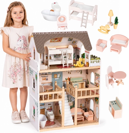 Ecotoys casă din lemn pentru păpuși Laura cu 3 etaje și 15 piese de mobilier