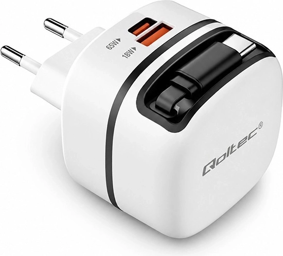 Încărcător de rețea Qoltec GaN 65 W USB‑C PD PPS cu cablu retractabil