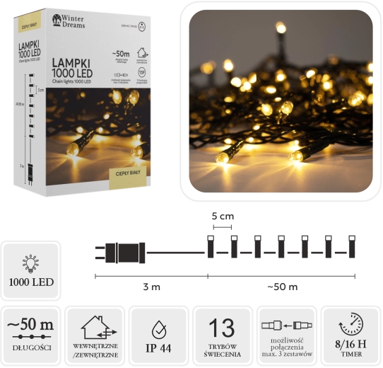 Instalație luminoasă LED cu 1000 de diode, lumină albă caldă, 50 m