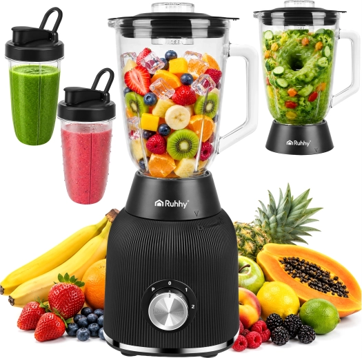 Blender de masă cu vas din sticlă Ruhhy 1200 W, cu zdrobire de gheață și 2 sticle portabile