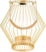 Sfeșnic tip lanternă din metal cu design geometric tip șpros și mâner, auriu 26 × 26 × 27 cm