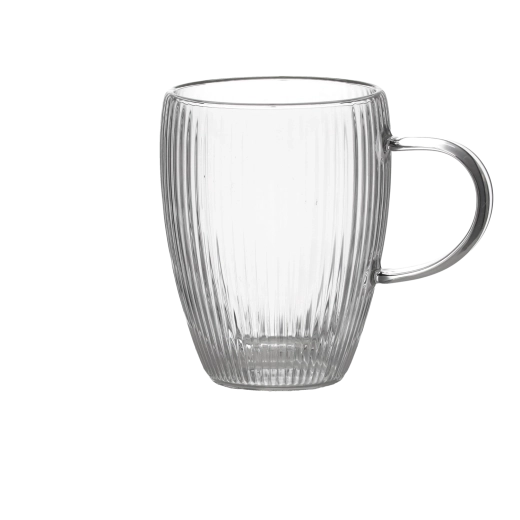 Set de 2 pahare striate din sticlă cu perete dublu și toartă 350 ml