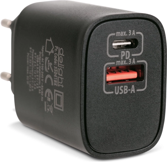 Adaptor de rețea USB-A și USB-C PD 20 W cu încărcare rapidă, negru