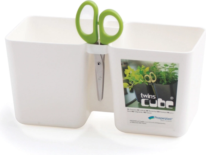 Ghiveci Twins Cube alb pentru ierburi 24,4 cm cu foarfecă de grădină