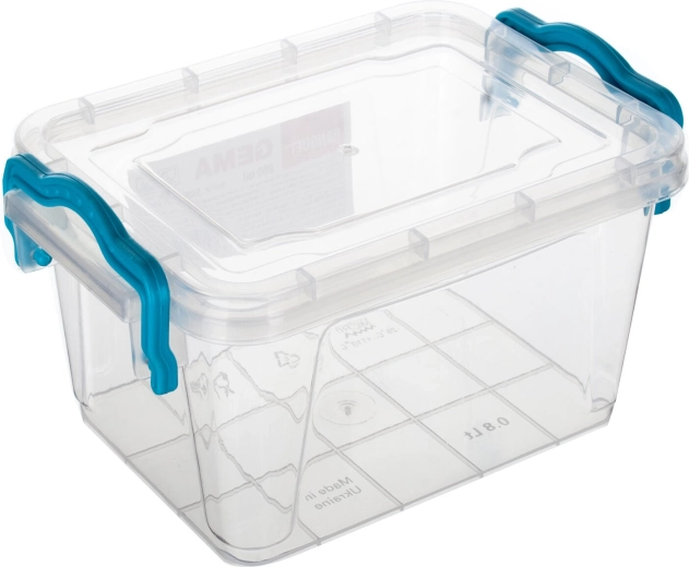 Cutie de depozitare Gema 0,8 l cu capac și cleme, transparentă/turcoaz