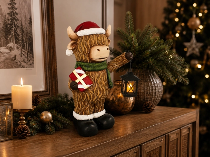 Figurină decorativă de Crăciun vacă de munte cu felinar LED