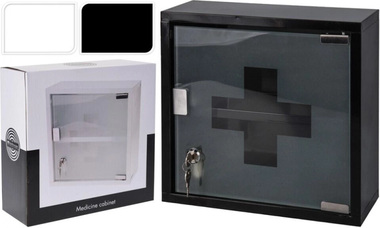 Trusă medicală de perete, închisă cu cheie, din inox cu uși din sticlă, 30 × 30 × 12 cm, alb/negru (fără dotări)