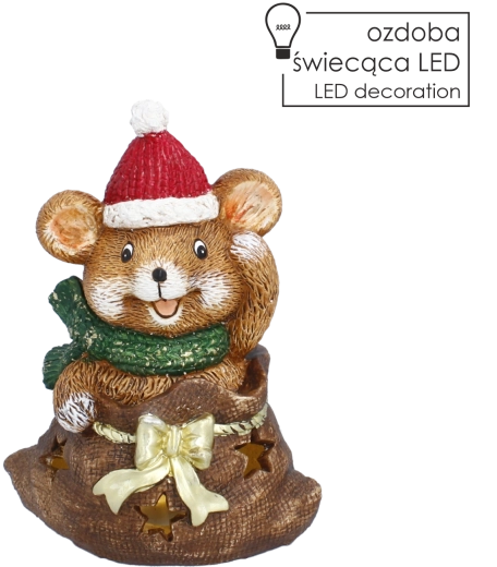 Figurină de Crăciun cu hamster și sac, cu iluminare LED