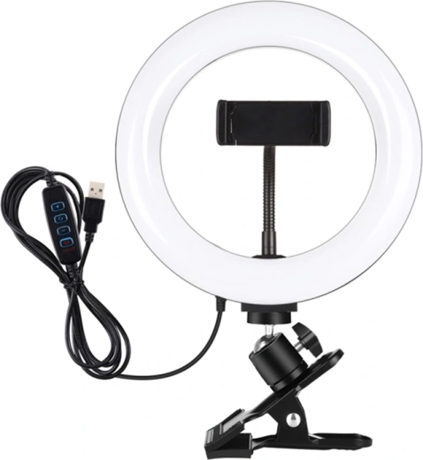 Puluz lumină circulară LED 20 cm cu suport pentru monitor și telefon, temperatură de lumină reglabilă, negru