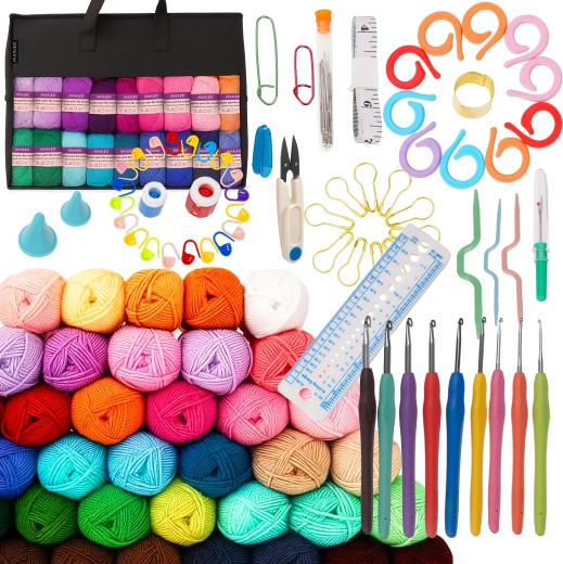 Set de croșetat XXL cu fire și geantă Maaleo (113 piese)