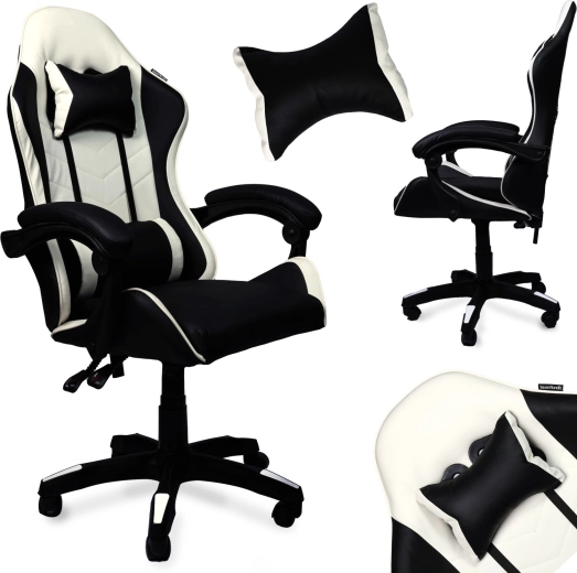 Scaun de gaming pivotant din piele ecologică, alb-negru