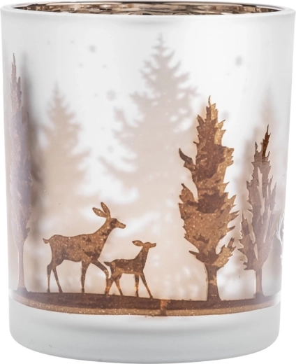 Suport de lumânare din sticlă mată (înghețată), cu motiv de pădure și interior metalic auriu‑maroniu, 9 × 10 cm