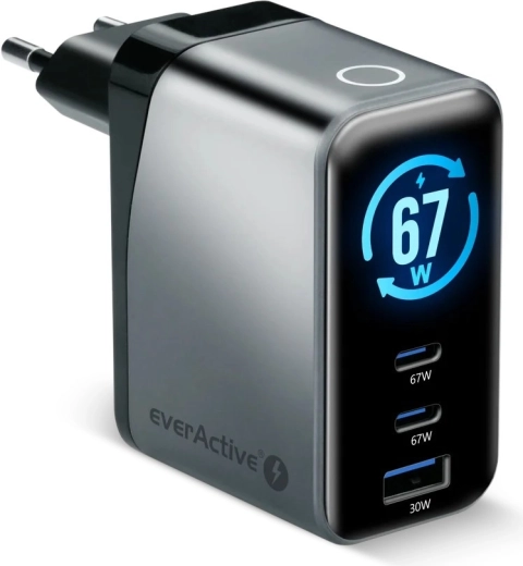 Încărcător EverActive GaN 67 W cu LCD (2× USB‑C + USB‑A)
