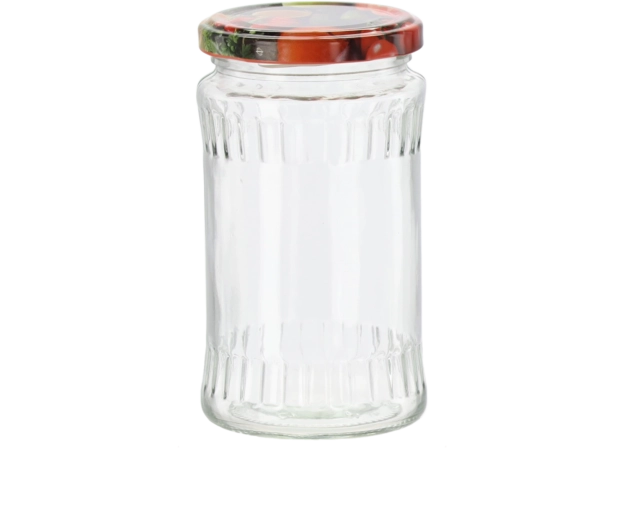 Borcan din sticlă pentru conservare 370 ml cu capac decorativ cu filet 66 mm