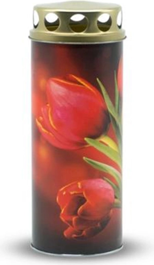 Lumânare de cimitir cu motiv lalele 195 g, capac auriu