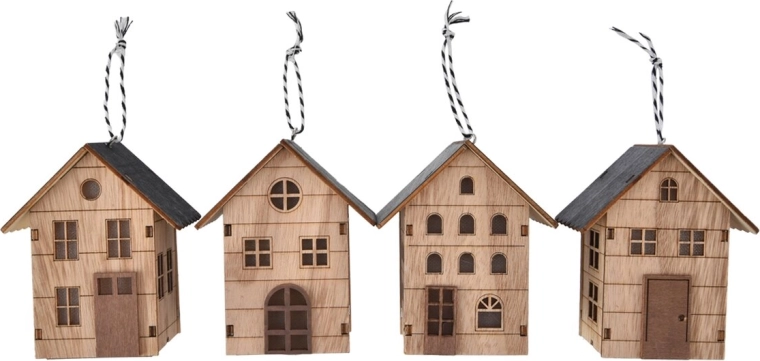 Căsuță decorativă din lemn suspendată cu lumină LED, bej, 10 × 6 × 9 cm