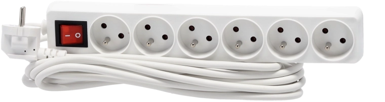 Prelungitor cu protecție la supratensiune cu întrerupător, 6 prize, 5 m, alb