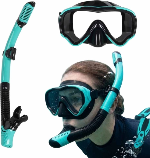 Set de snorkeling cu mască panoramică și snorkel uscat, albastru‑negru