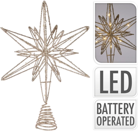 Vârf pentru bradul de Crăciun în formă de stea, cu 20 de LED-uri, 33 cm, champagne/auriu