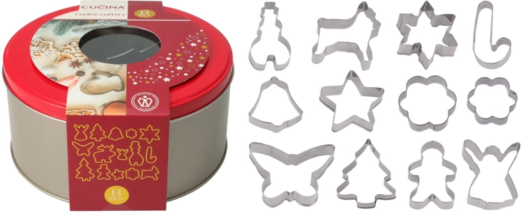 Set de 12 forme decupatoare din oțel inoxidabil pentru prăjituri în cutie metalică