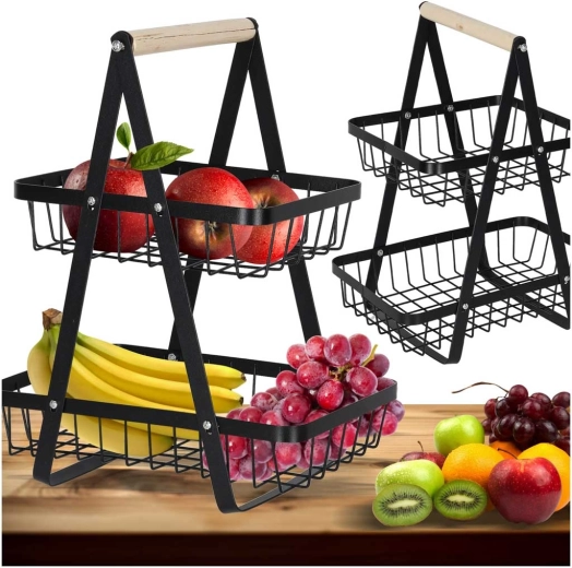 Coș metalic cu două niveluri pentru fructe, cu mâner din lemn