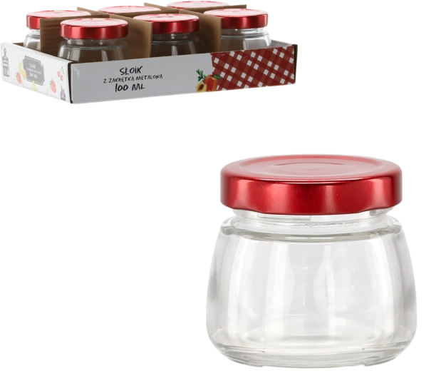 Borcan din sticlă 100 ml cu capac metalic roșu