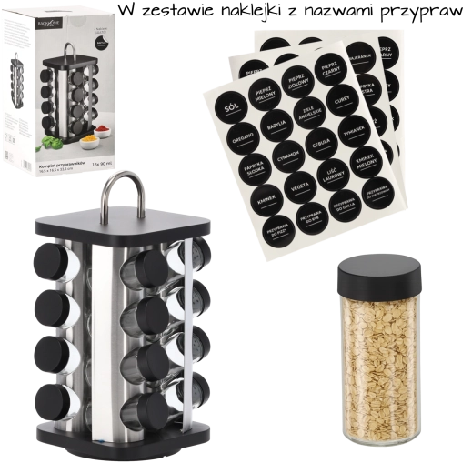 Suport rotativ pătrat pentru condimente cu mâner, 16 borcănașe, negru‑argintiu, 16,5 × 16,5 × 33,5 cm