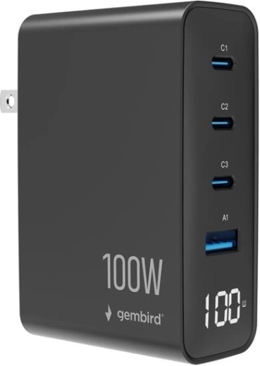 Încărcător universal Gembird GaN 100 W cu LCD, 3× USB-C și 1× USB-A, negru
