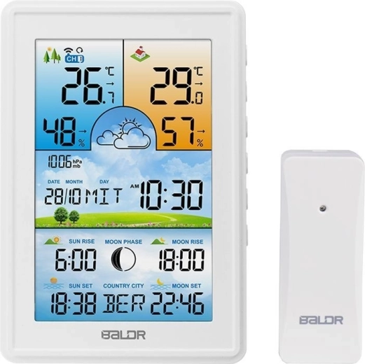 Stație meteo wireless Baldr cu senzor exterior, ceas cu alarmă și fazele Lunii, albă
