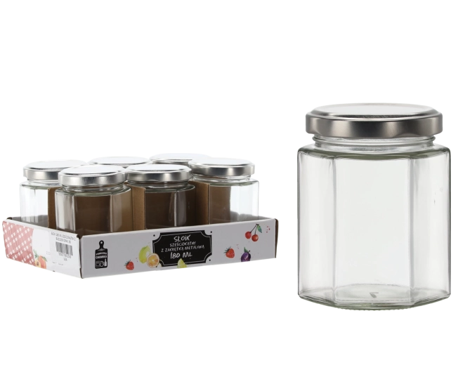 Borcan hexagonal 180 ml cu capac metalic
