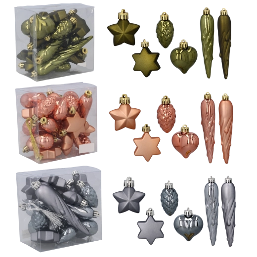 Set de 20 decorațiuni de Crăciun din plastic – măsliniu, cupru și grafit, 4 cm