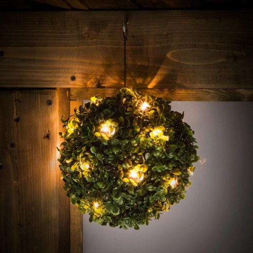 Buxus solar suspendat cu 20 de LED-uri alb cald, 25 cm