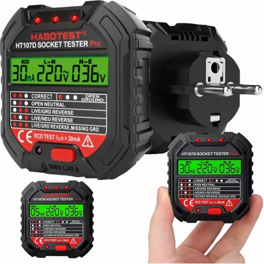 Tester de tensiune pentru prize cu LCD și test RCD HABOTEST HT107D
