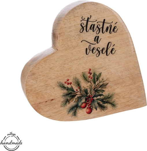 Decorațiune inimă din lemn de mango cu inscripția „fericit și vesel”