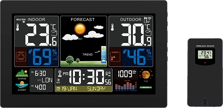 Stație meteo Solight cu ecran LCD color XL, temperatură, umiditate, presiune, RCC, neagră