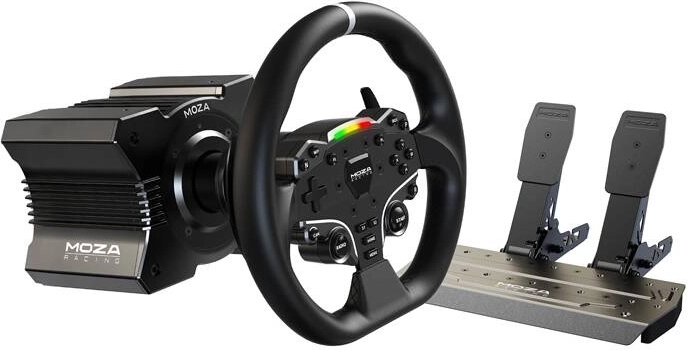 Set de gaming MOZA R5 cu volan ES, pedale SR-P Lite și suport de birou pentru PC