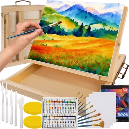 Set de pictură Maaleo în valiză din lemn cu șevalet de masă, 45 buc.