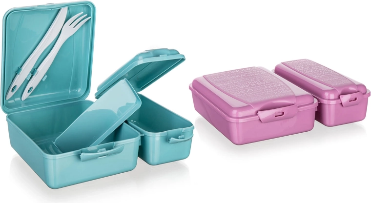 Cutie pentru gustare compartimentată cu închidere cu clips și tacâmuri 21,5 × 16 × 6,5 cm - 1 bucată