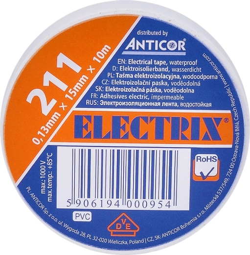 Bandă electroizolantă Solight albă, 15 mm x 0,13 mm x 10 m