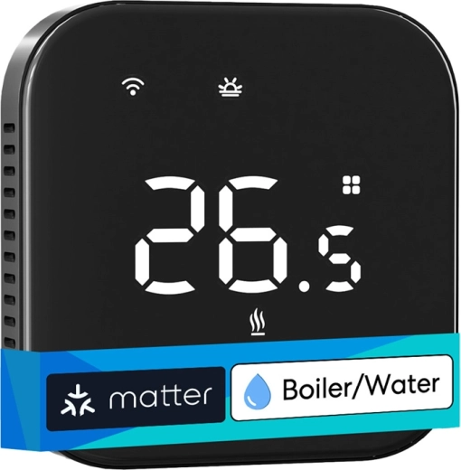 Termostat inteligent Wi‑Fi Meross pentru încălzire cu apă, cu Matter, negru