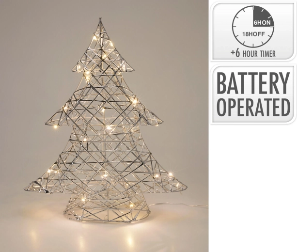 Decorațiune LED argintie în formă de brăduț, cu temporizator, 40 cm