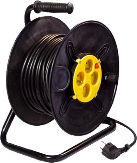 Cablu prelungitor cu tambur 25 m, 4 prize, 3×1,5 mm², negru/galben