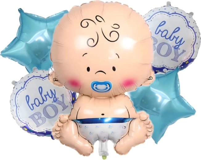 Baloane pentru baby shower băiețel – set de 5 bucăți cu motiv de bebe și steluțe