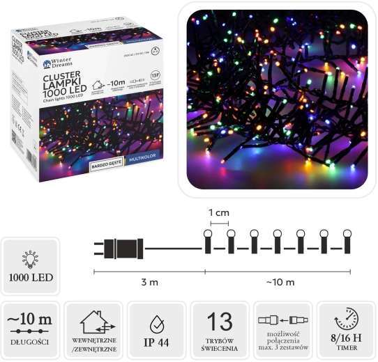Ghirlandă luminoasă LED cluster cu 1000 de LED-uri multicolore, 10 m