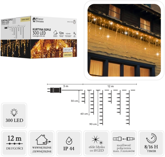 Lănțișor luminos LED cu țurțuri, 300 LED-uri, alb cald cu efect flash alb rece, 12 m